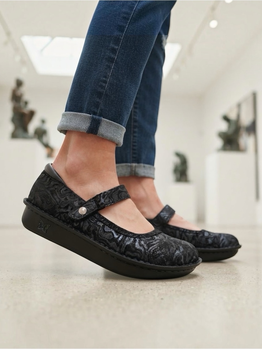 Alegria Belle Blk Swirled Metallic Leather Mary Jane Comfort Shoes EU 41/10.5-11